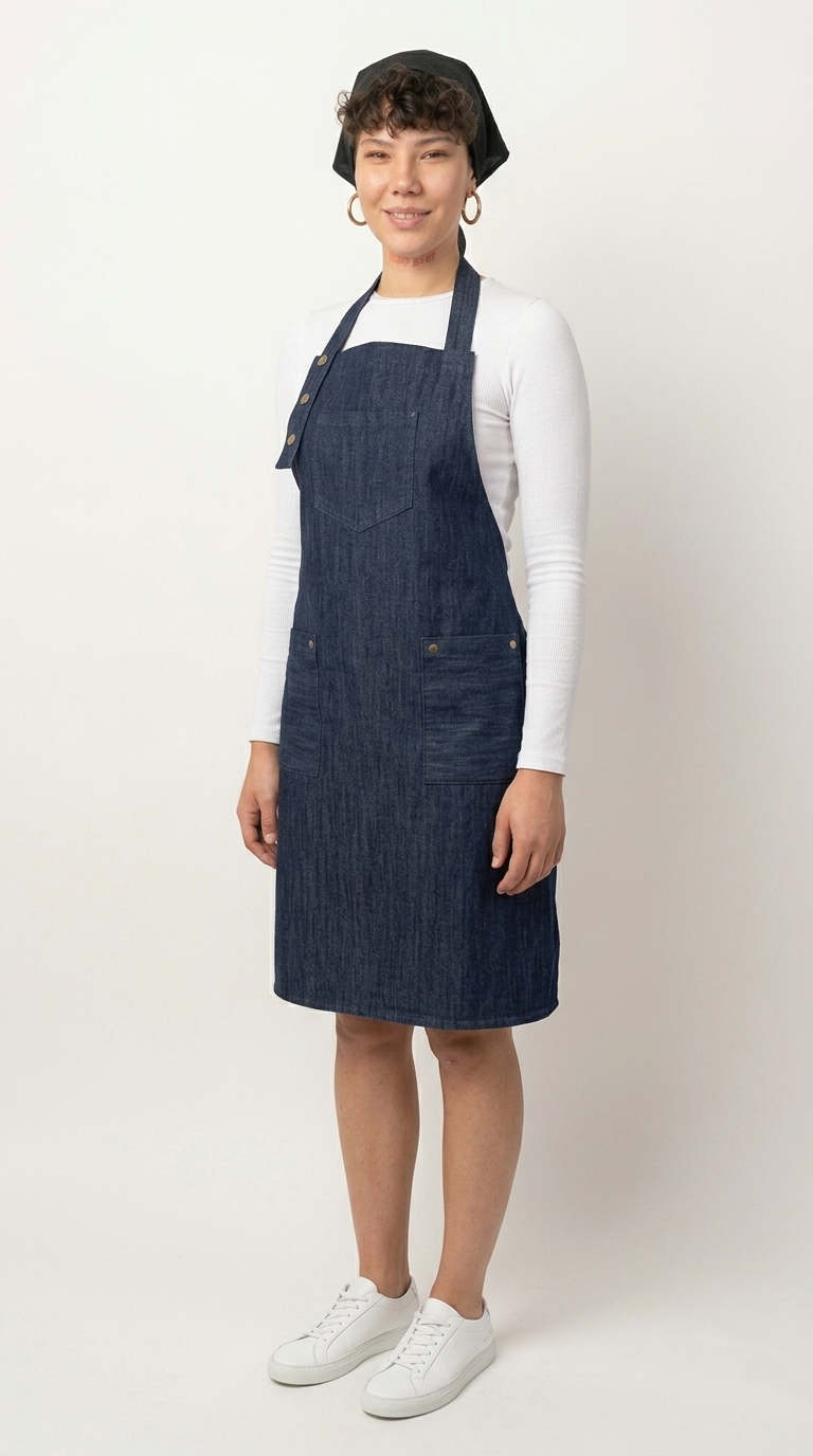 Koyu İndigo Denim Kademeli Önlük, Boyundan Askılı, Çıtçıtlı