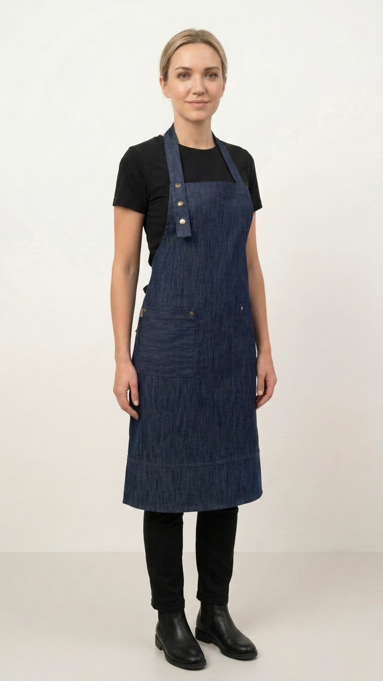 Koyu İndigo Denim Kademeli Önlük, Boyundan Askılı, Çıtçıtlı