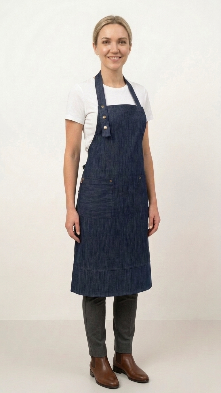 Koyu İndigo Denim Kademeli Önlük, Boyundan Askılı, Çıtçıtlı