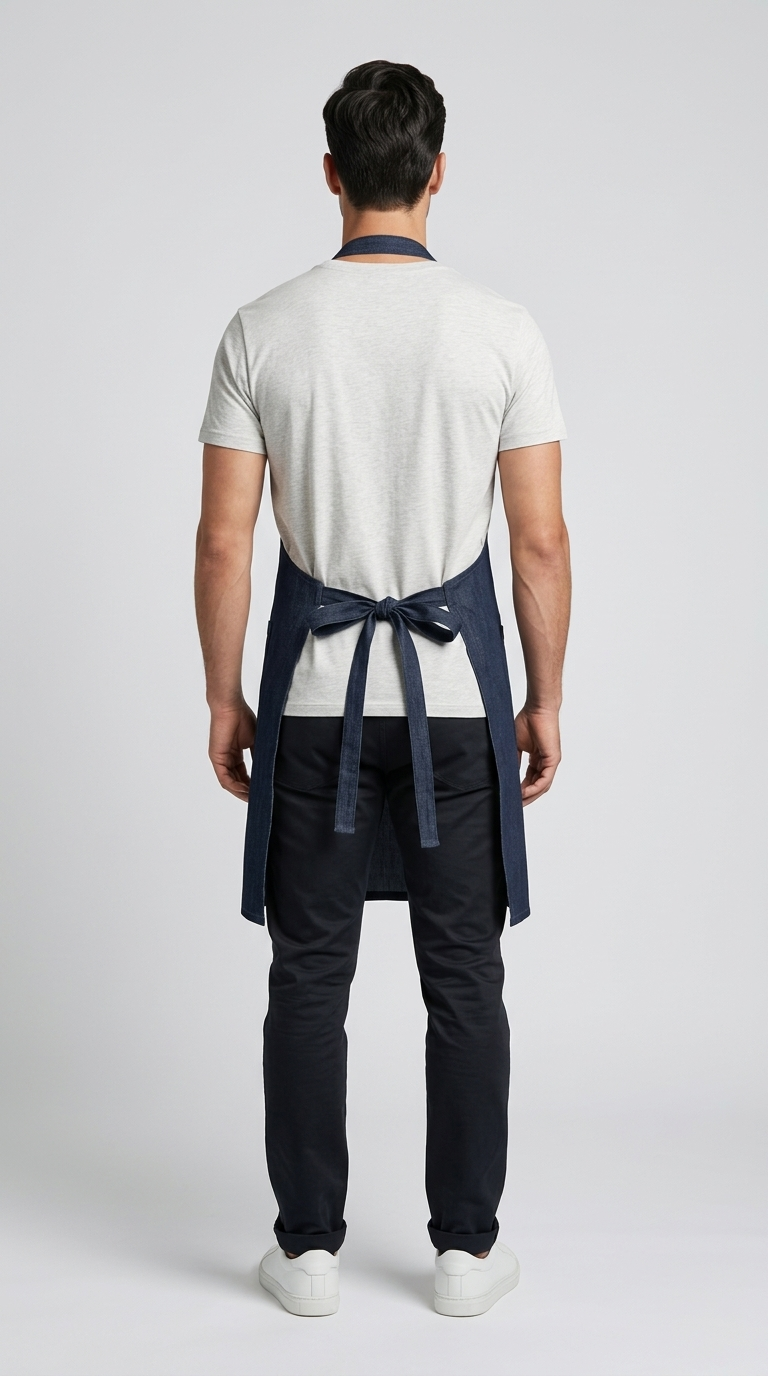 Koyu İndigo Denim Kademeli Önlük, Boyundan Askılı, Çıtçıtlı