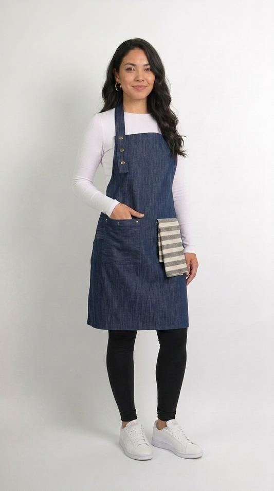 Koyu İndigo Denim Kademeli Önlük, Boyundan Askılı, Çıtçıtlı